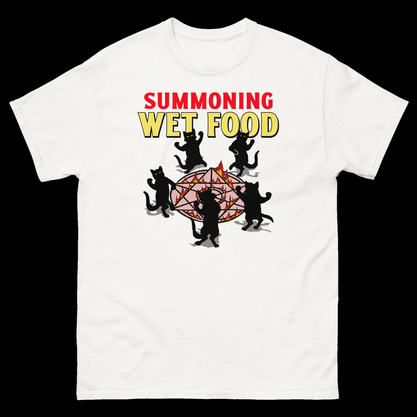 Cat summoning wet food graphic t-shirt