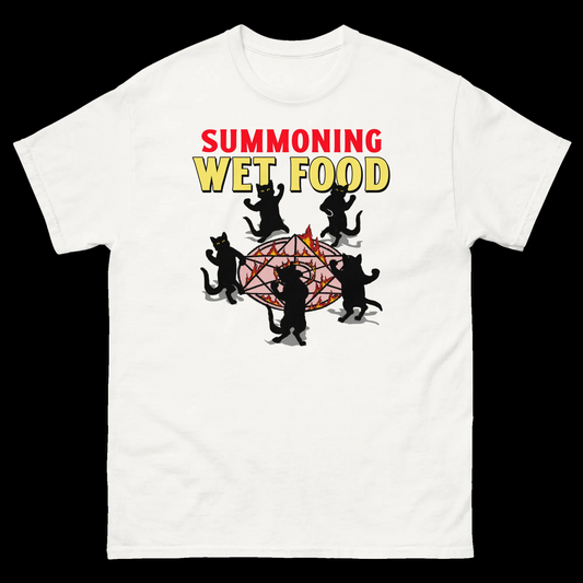 Cat summoning wet food graphic t-shirt