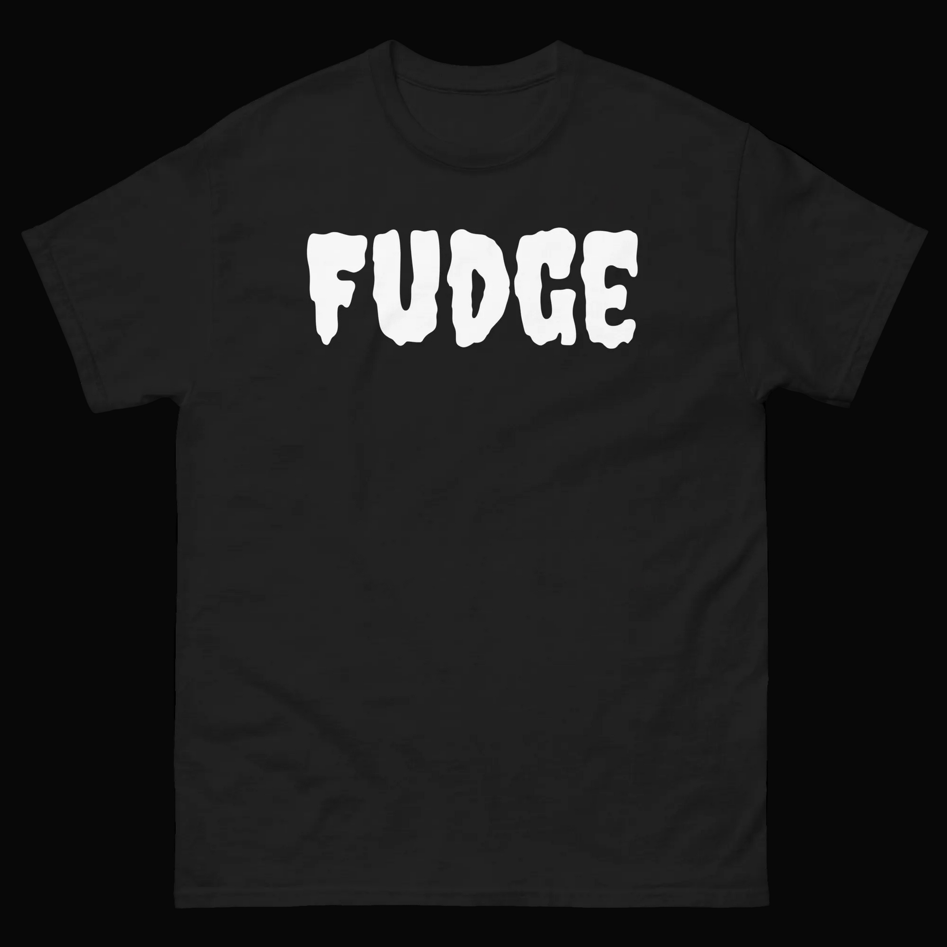 Minimalist FUDGE t-shirt featuring bold typography on a clean one-word graphic design.
