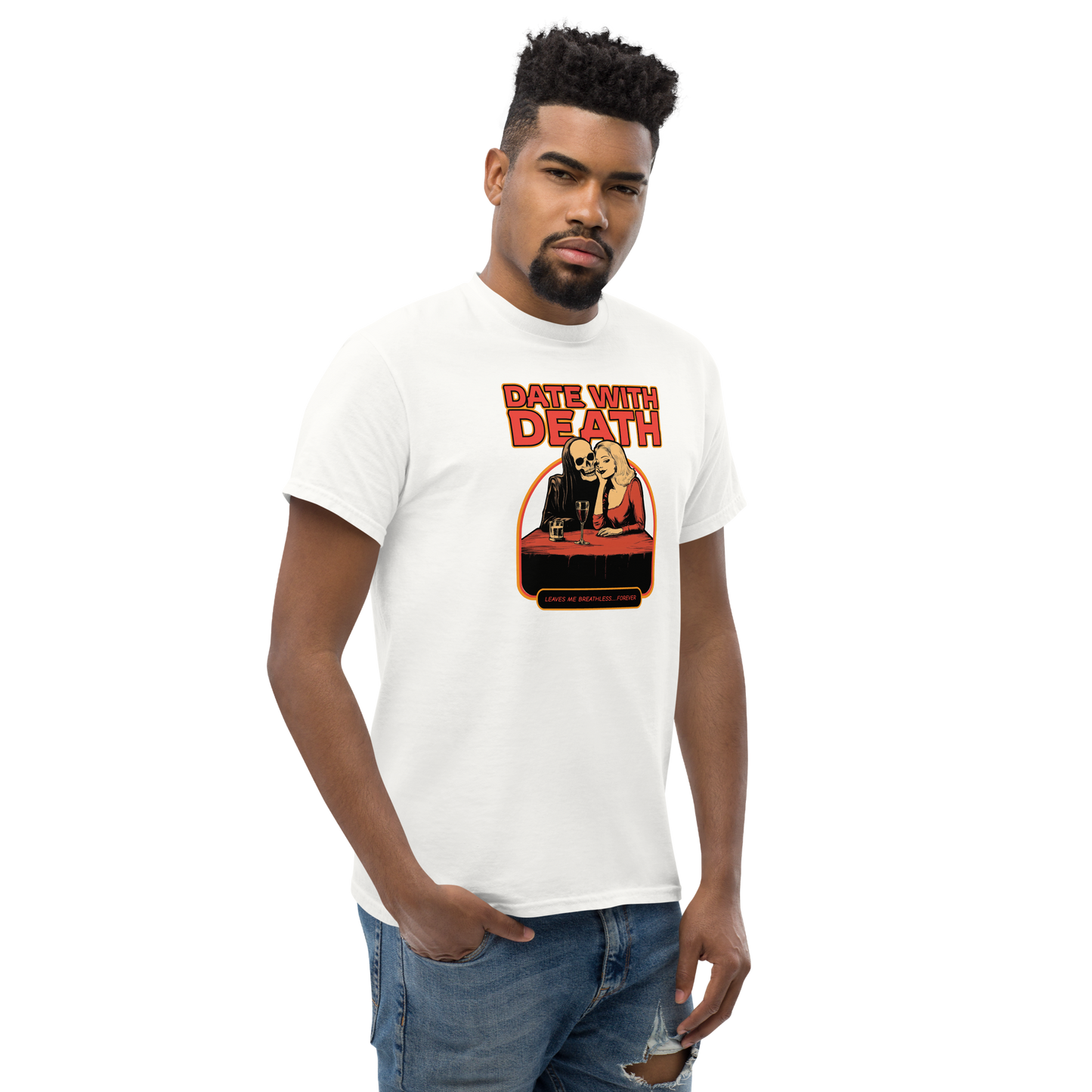 Girl on a date with Grim Reaper horror streetwear tee