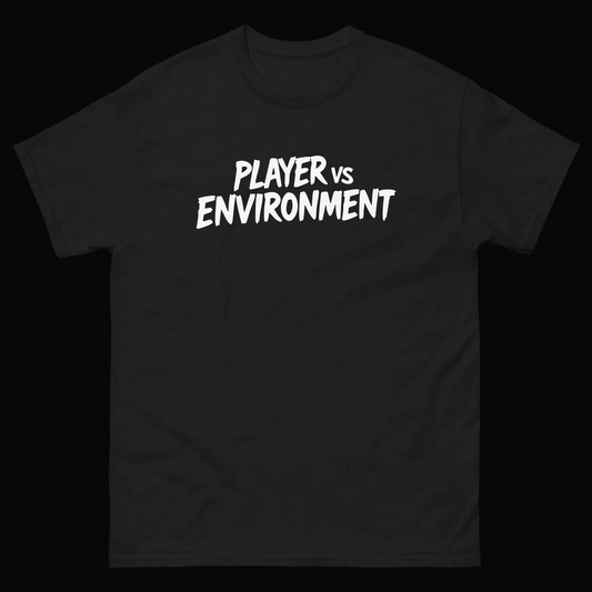 Official Player Vs Environment band logo t-shirt with a minimalist graphic design inspired by metalcore music, horror, gaming, and alternative fashion.